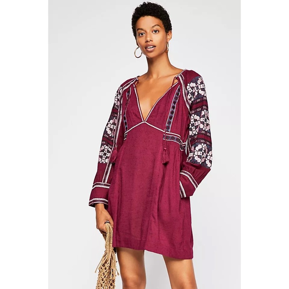 Free People All My Life Embroidered Mini Dress Berry Wine XS Oversized